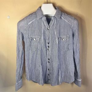Free People Women's Striped Snap Close Blouse Denim Blue‎ Long Sleeve Size Small